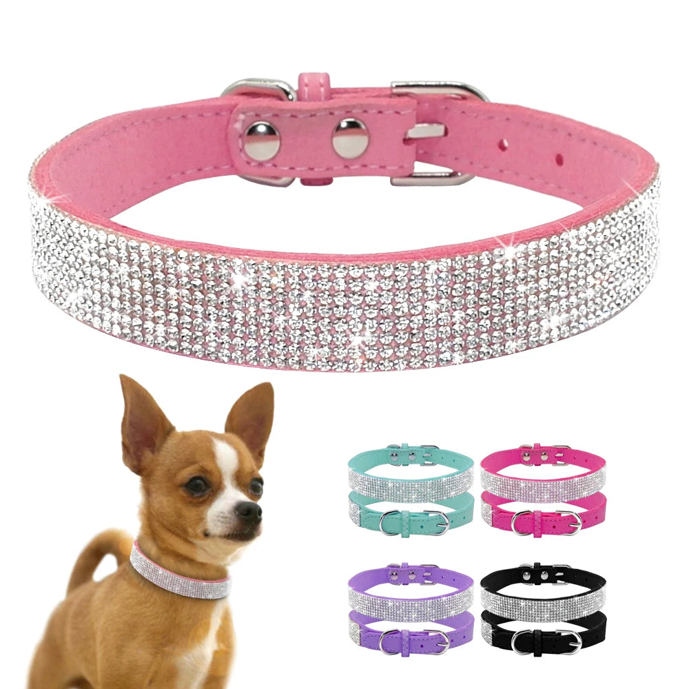 XXS-L Suede Fiber Crystal Dog Collar Comfortable Glitter Rhinestone Dog Collars Zinc Alloy Buckle Collar for Small Dogs Cats
