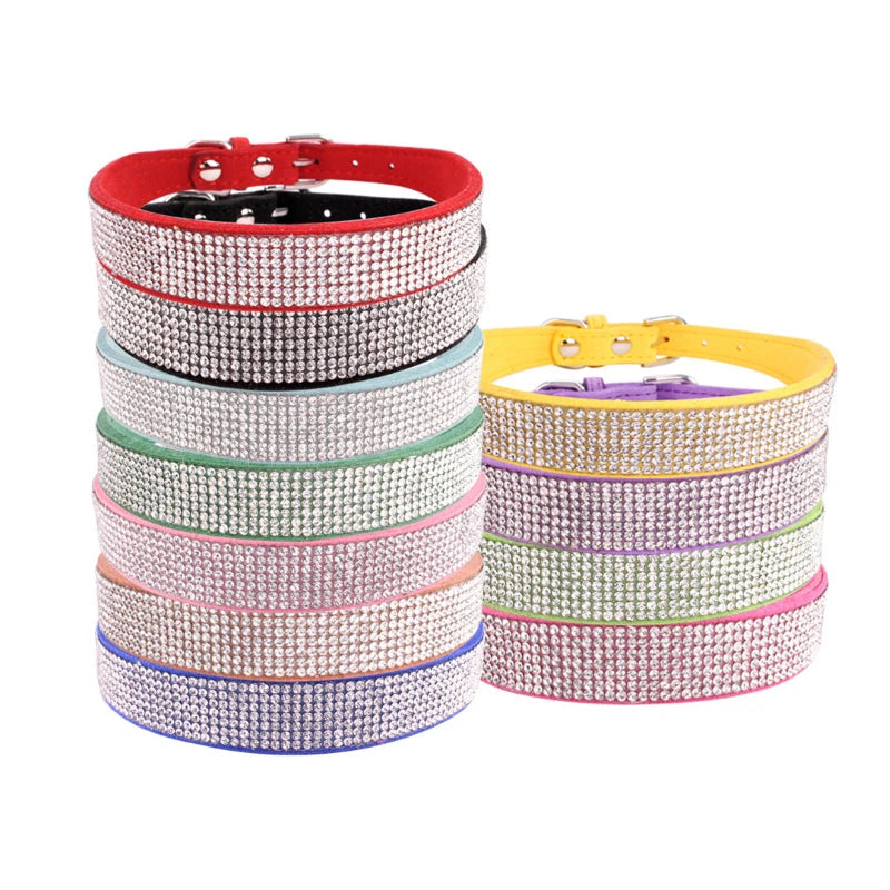 XXS-L Suede Fiber Crystal Dog Collar Comfortable Glitter Rhinestone Dog Collars Zinc Alloy Buckle Collar for Small Dogs Cats