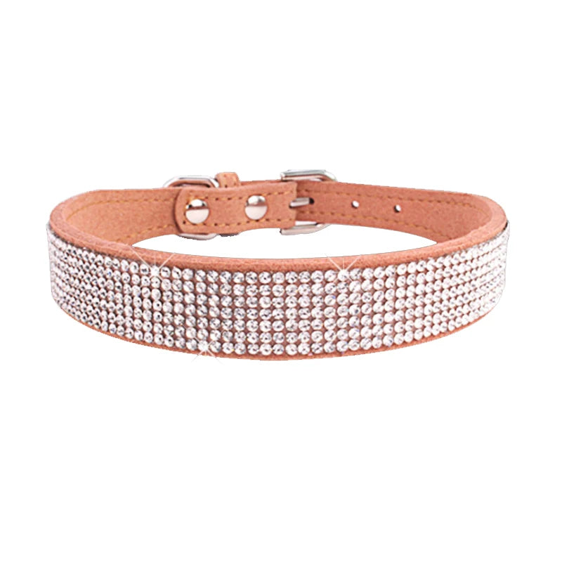 XXS-L Suede Fiber Crystal Dog Collar Comfortable Glitter Rhinestone Dog Collars Zinc Alloy Buckle Collar for Small Dogs Cats
