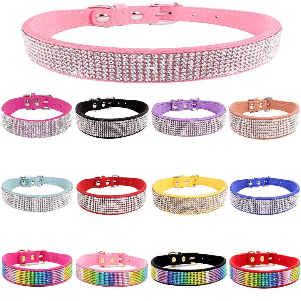 XXS-L Suede Fiber Crystal Dog Collar Comfortable Glitter Rhinestone Dog Collars Zinc Alloy Buckle Collar for Small Dogs Cats