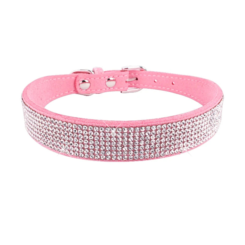 XXS-L Suede Fiber Crystal Dog Collar Comfortable Glitter Rhinestone Dog Collars Zinc Alloy Buckle Collar for Small Dogs Cats