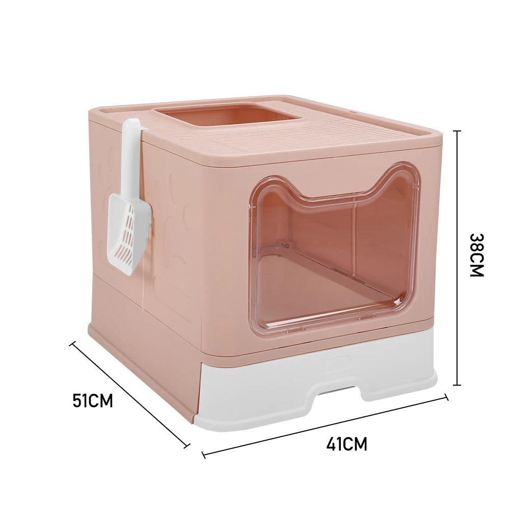 Voltsify Top Exit Folding Cat Litter Box with Front Entrance, Litter Scoop, Pink/Blue