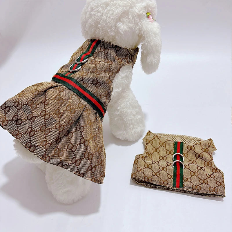 Pet Couple Clothing Designer Luxury Women Dog Dress Men Dog Chest Back Vest Puppy Clothes Beautiful Skirt Traction Rope Leash