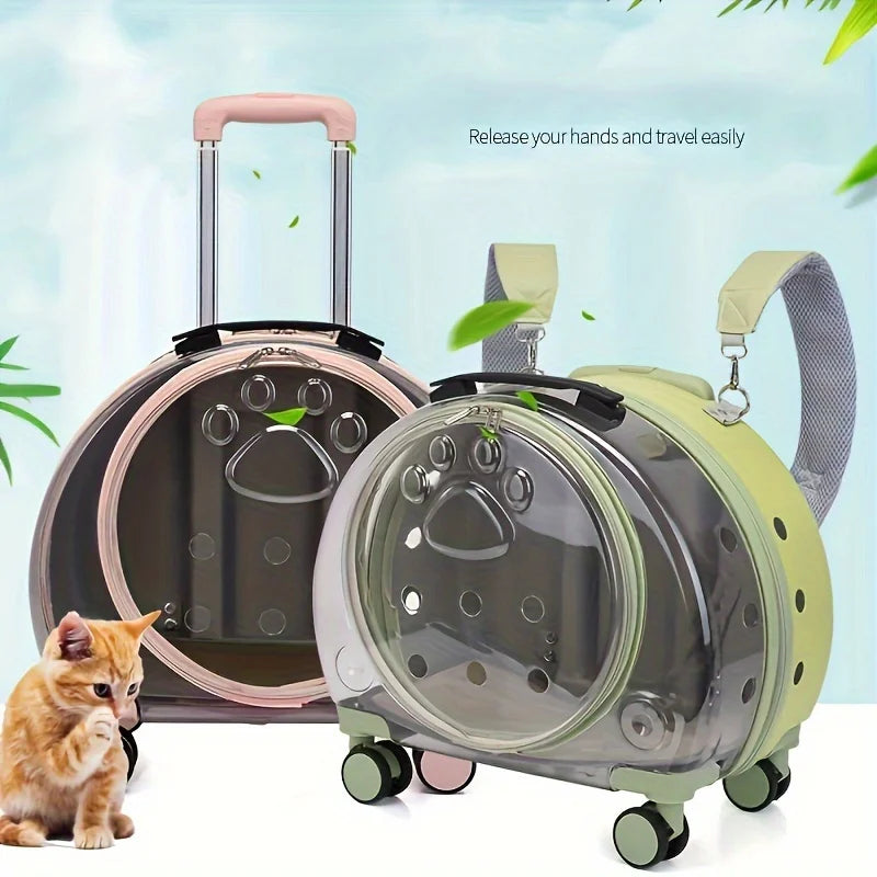 1 Transparent Pet Carrying with Wheels Large Capacity Spaceman Capsule Backpack Cats Portable Trolley Bag Durable Plast