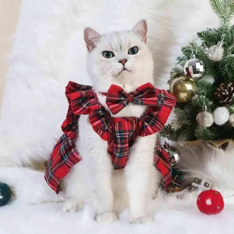 Pet Christmas Plaid Dress Cat Halloween Veil Dress Dog Christmas Clothes Dog Dresses for Small Dogs Puppy
