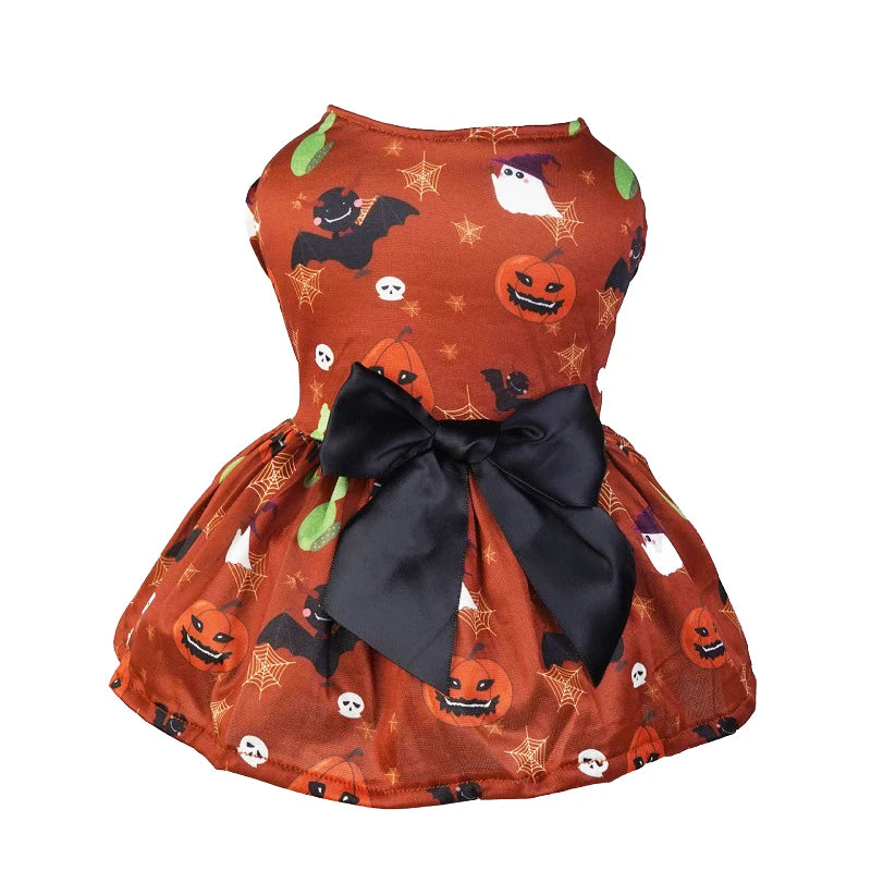Halloween Dog Clothes with Pumpkin Print Funny Pet Dress Chihuahua Yorkie Clothing Bow Mesh Party Clothing Cat Costume Dog Dress