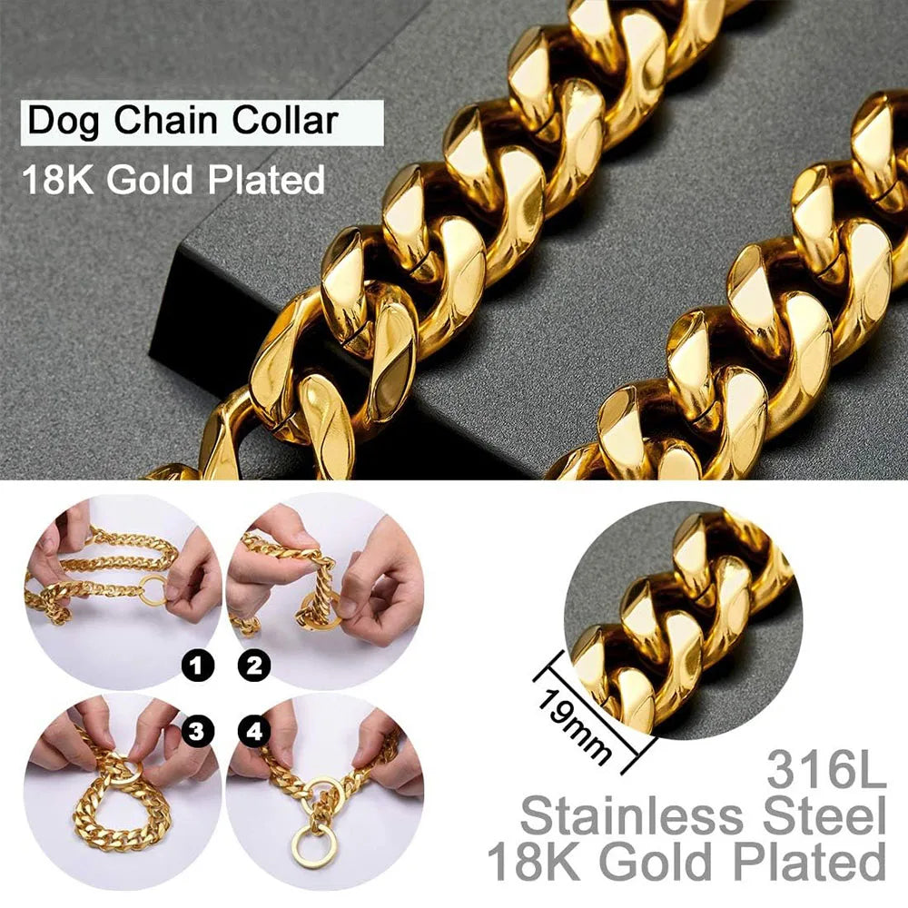 Metal Chain Dog Collar Gold Cuban Link Dog Chain 19MM Chain Collar Stainless Steel Heavy Duty Slip Collars for Large Medium Dogs