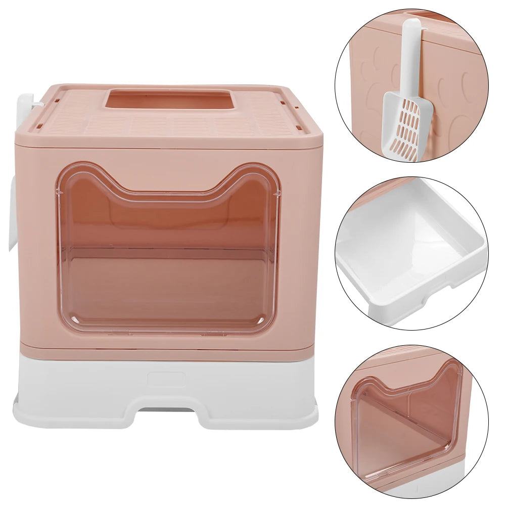 Voltsify Top Exit Folding Cat Litter Box with Front Entrance, Litter Scoop, Pink/Blue