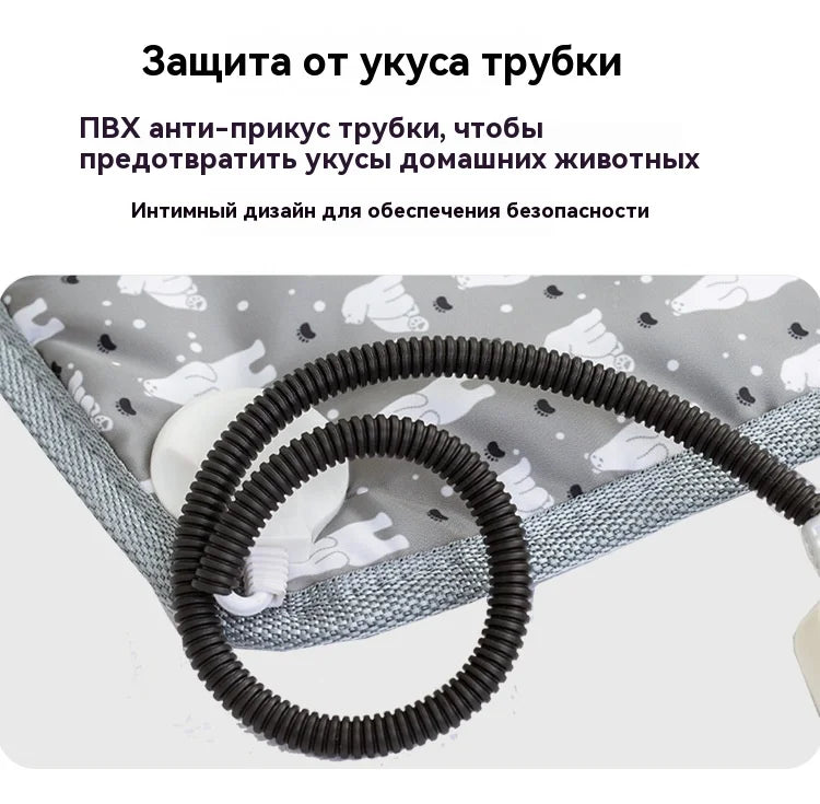 The electric heating blanket is waterproof and comes with an all-steel tube. A gray faux rabbit fur cover is given as a gift.