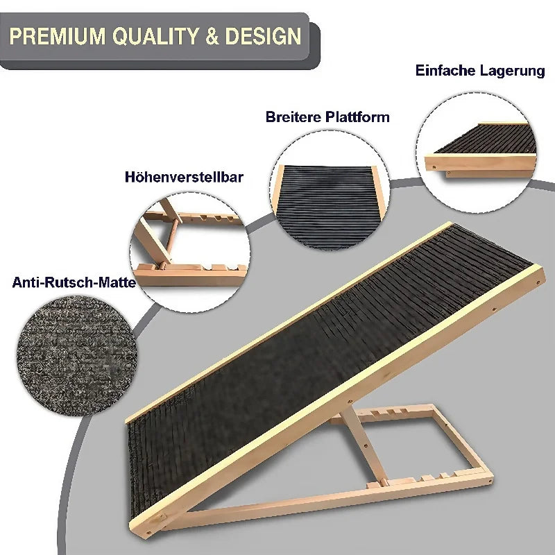 Height-Adjustable Wooden Pet Ramp for Car/Truck - Foldable Dog Stairs for Couch/Bed Access - Non-Slip Safety Ladder for Cats