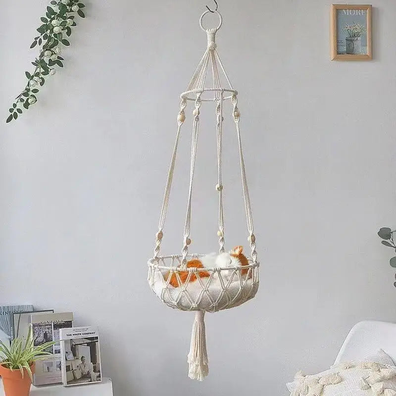 Cat Hammock Basket Hanging Cat Bed Hammock Handwoven Tassel Boho Cat Swing Cotton Rope Bed Kitten House