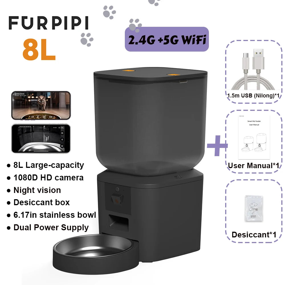 5G Automatic Cat Feeder With 1080p Camera Video WiFi Cat Food Dispenser Pet Smart Voice Recorder Remote Control Pet Auto Feeder