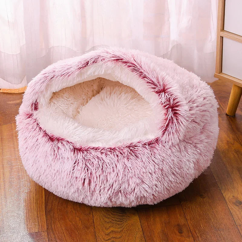 Snooze Cat Bed Round Plush Fluffy Hooded Cozy Cat Bed Cave for Indoor Donut Self Warming Small Dog Bed Anti-anxiety Puppy Kennel