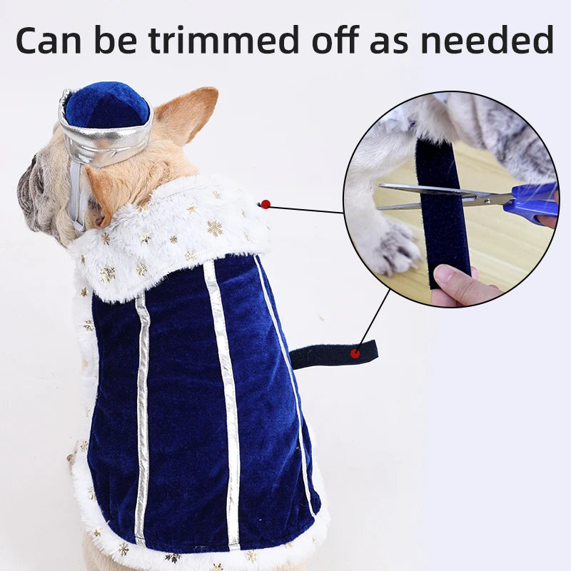 Dog King/Queen Dress Up Cloak with Crown Halloween Pet Costume for Small Large Dogs Adjustable Luxury Velour Dog Cosplay Outfit