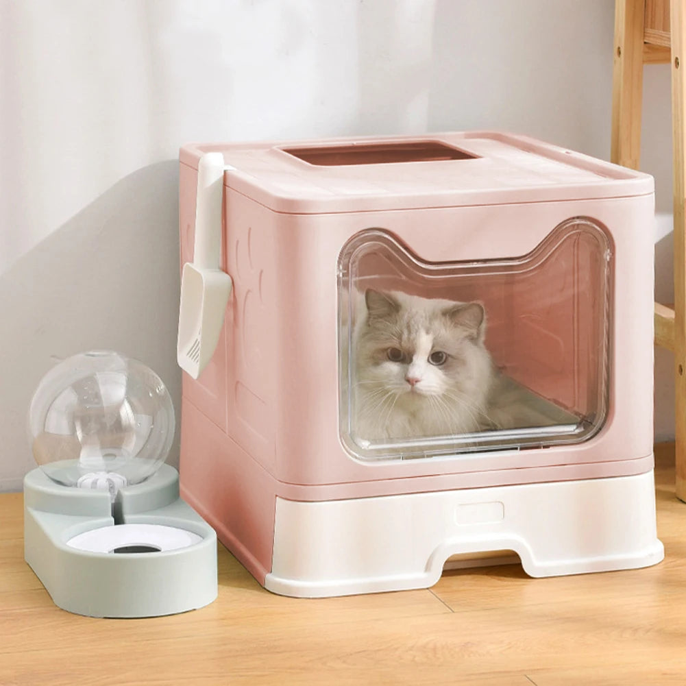 Voltsify Top Exit Folding Cat Litter Box with Front Entrance, Litter Scoop, Pink/Blue