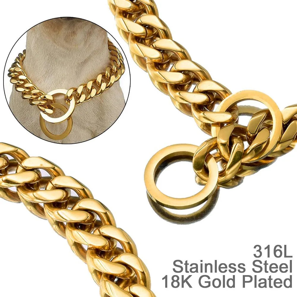 Metal Chain Dog Collar Gold Cuban Link Dog Chain 19MM Chain Collar Stainless Steel Heavy Duty Slip Collars for Large Medium Dogs