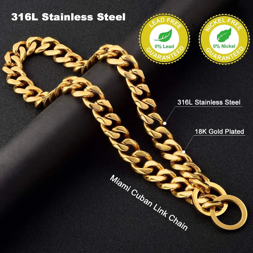 Metal Chain Dog Collar Gold Cuban Link Dog Chain 19MM Chain Collar Stainless Steel Heavy Duty Slip Collars for Large Medium Dogs