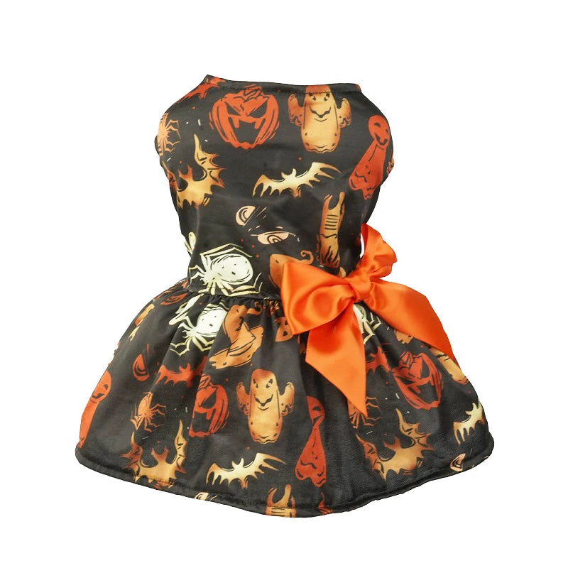 Halloween Dog Clothes with Pumpkin Print Funny Pet Dress Chihuahua Yorkie Clothing Bow Mesh Party Clothing Cat Costume Dog Dress