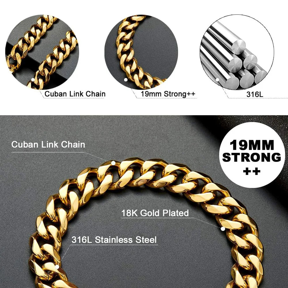 Metal Chain Dog Collar Gold Cuban Link Dog Chain 19MM Chain Collar Stainless Steel Heavy Duty Slip Collars for Large Medium Dogs