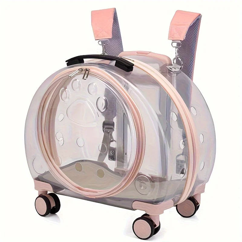 1 Transparent Pet Carrying with Wheels Large Capacity Spaceman Capsule Backpack Cats Portable Trolley Bag Durable Plast
