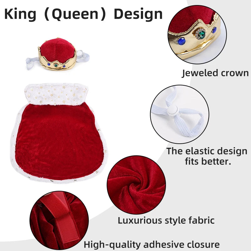Dog King/Queen Dress Up Cloak with Crown Halloween Pet Costume for Small Large Dogs Adjustable Luxury Velour Dog Cosplay Outfit