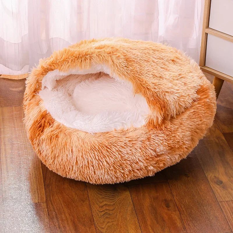 Snooze Cat Bed Round Plush Fluffy Hooded Cozy Cat Bed Cave for Indoor Donut Self Warming Small Dog Bed Anti-anxiety Puppy Kennel