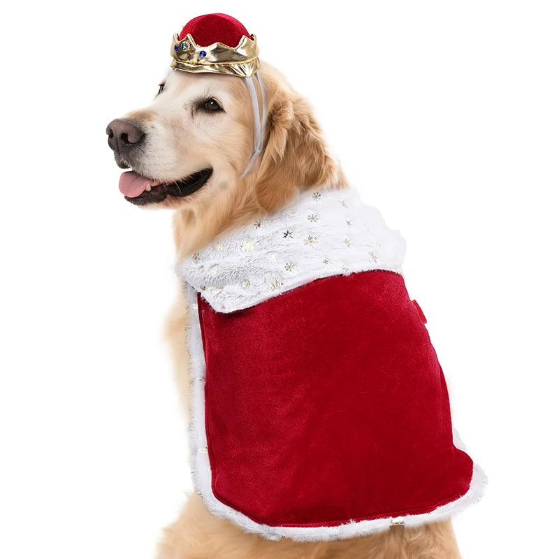 Dog King/Queen Dress Up Cloak with Crown Halloween Pet Costume for Small Large Dogs Adjustable Luxury Velour Dog Cosplay Outfit