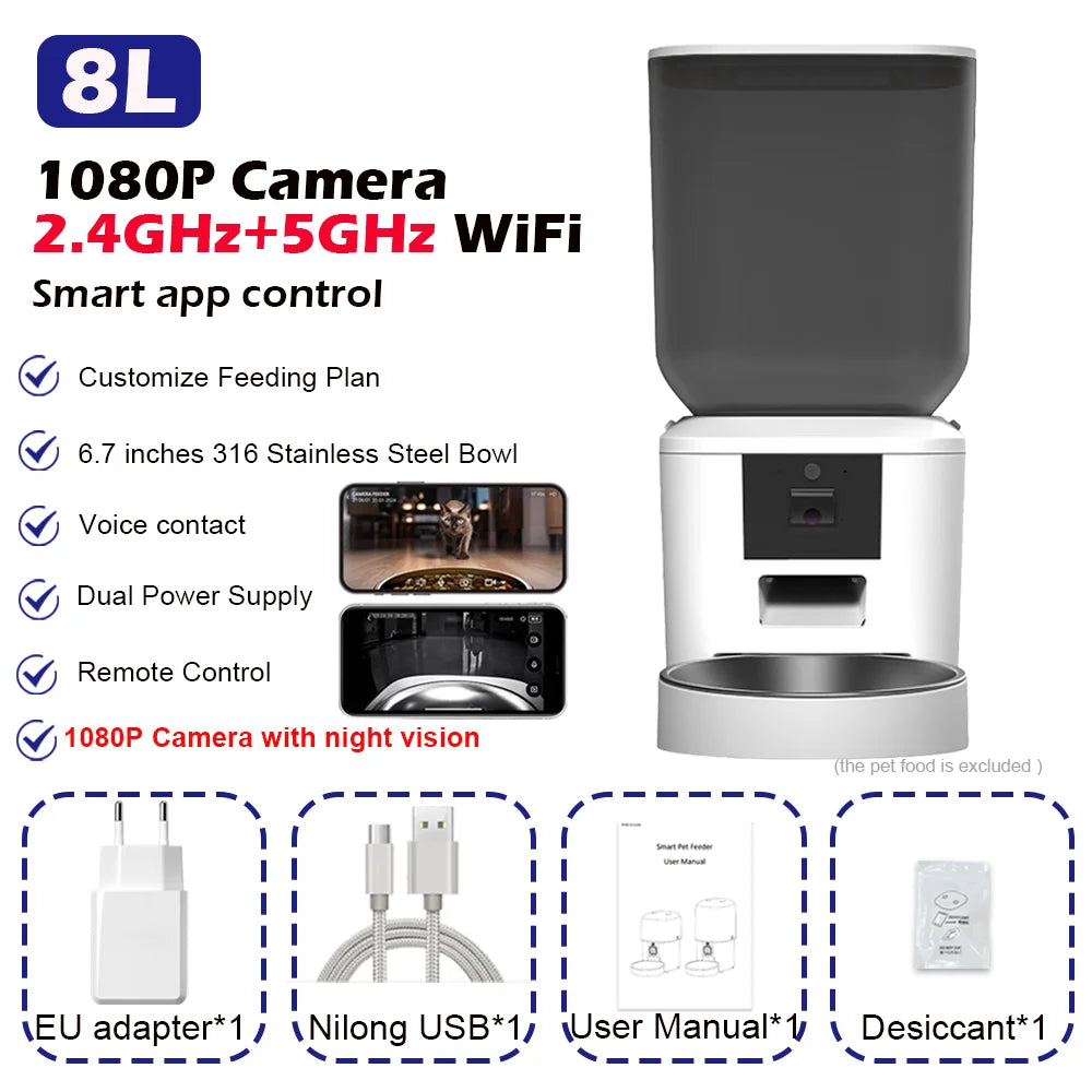 5G Automatic Cat Feeder With 1080p Camera Video WiFi Cat Food Dispenser Pet Smart Voice Recorder Remote Control Pet Auto Feeder