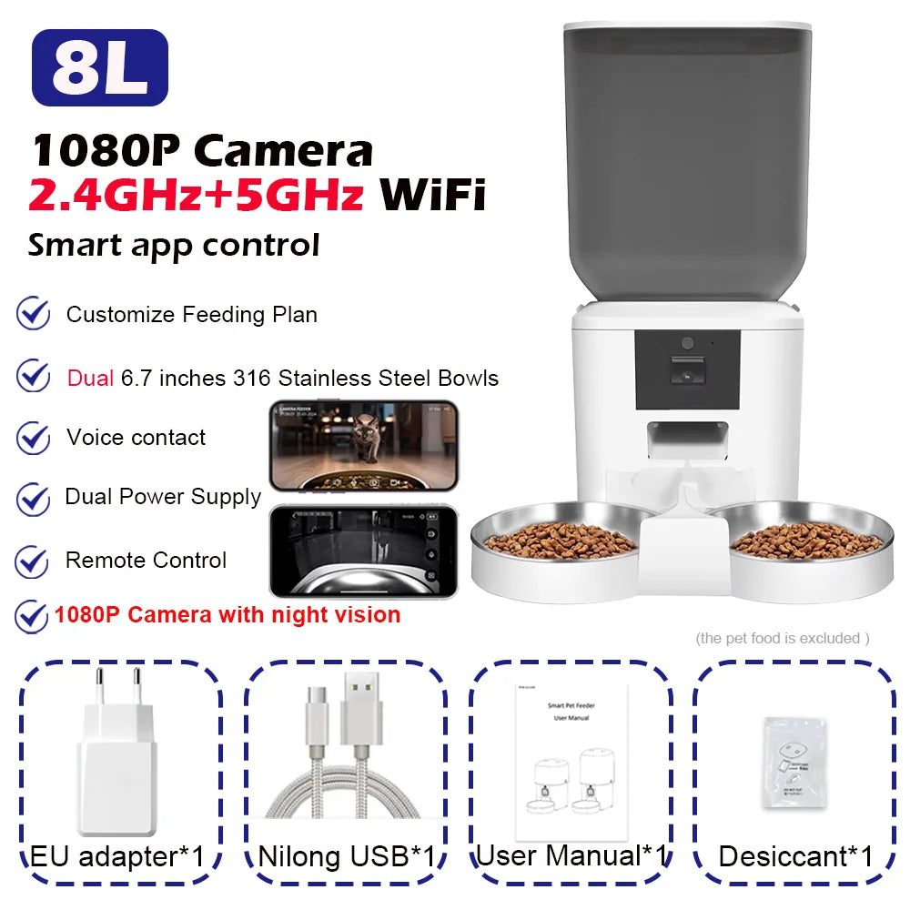 5G Automatic Cat Feeder With 1080p Camera Video WiFi Cat Food Dispenser Pet Smart Voice Recorder Remote Control Pet Auto Feeder