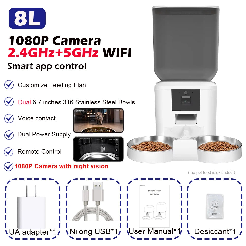5G Automatic Cat Feeder With 1080p Camera Video WiFi Cat Food Dispenser Pet Smart Voice Recorder Remote Control Pet Auto Feeder