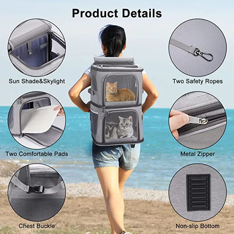 Pet supplies Large capacity double layer pet bag Easy to put two cat backpacks Foldable Oxford cloth dog bag