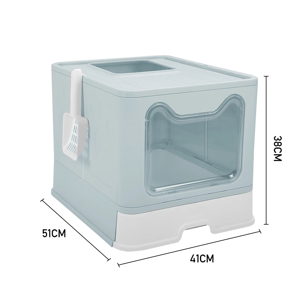 Voltsify Top Exit Folding Cat Litter Box with Front Entrance, Litter Scoop, Pink/Blue