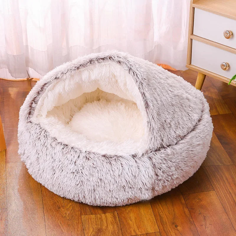 Snooze Cat Bed Round Plush Fluffy Hooded Cozy Cat Bed Cave for Indoor Donut Self Warming Small Dog Bed Anti-anxiety Puppy Kennel