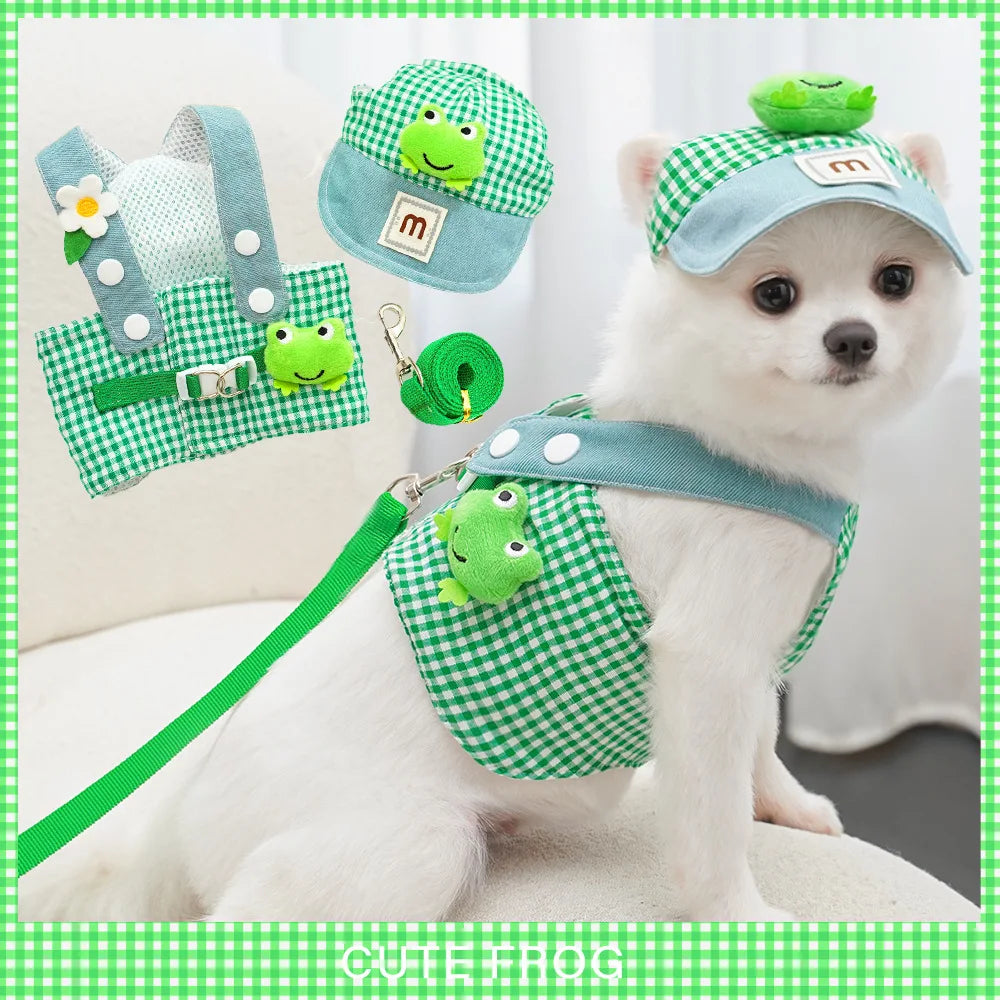 Cartoon Pet Harness Leash Sun Hat Set Cute Kitten Puppy Costume Cat Small Dogs Vest Harness Rope Cap 3pcs Outdoor Pet Supplies