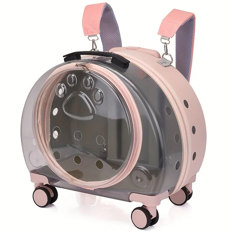 1 Transparent Pet Carrying with Wheels Large Capacity Spaceman Capsule Backpack Cats Portable Trolley Bag Durable Plast