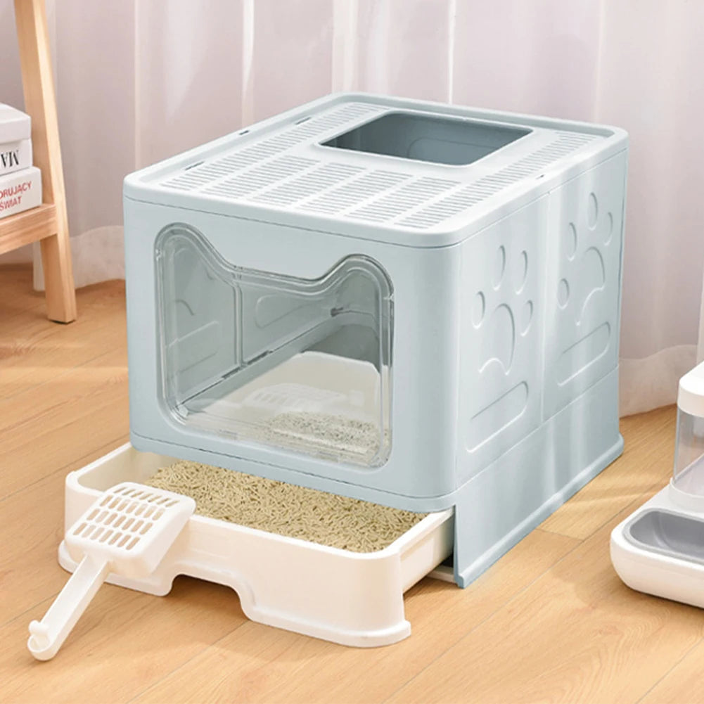 Voltsify Top Exit Folding Cat Litter Box with Front Entrance, Litter Scoop, Pink/Blue