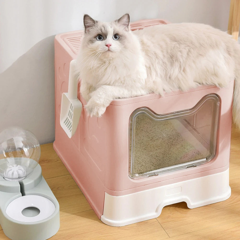 Voltsify Top Exit Folding Cat Litter Box with Front Entrance, Litter Scoop, Pink/Blue