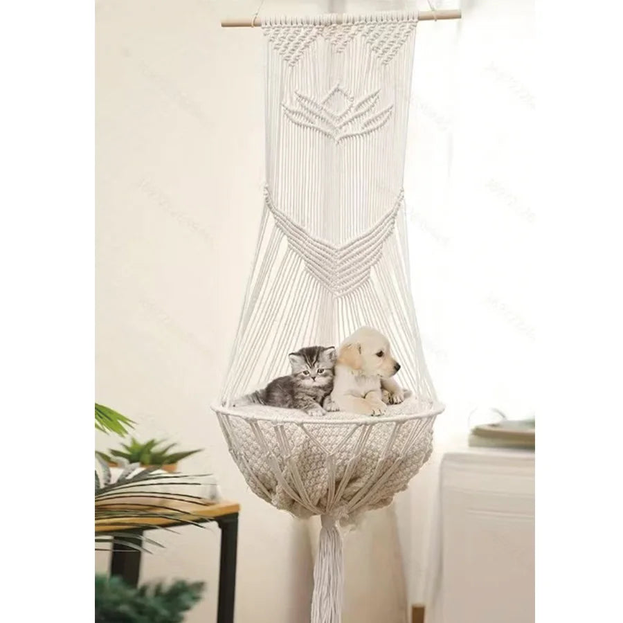 Cat Hammock Basket Hanging Cat Bed Hammock Handwoven Tassel Boho Cat Swing Cotton Rope Bed Kitten House