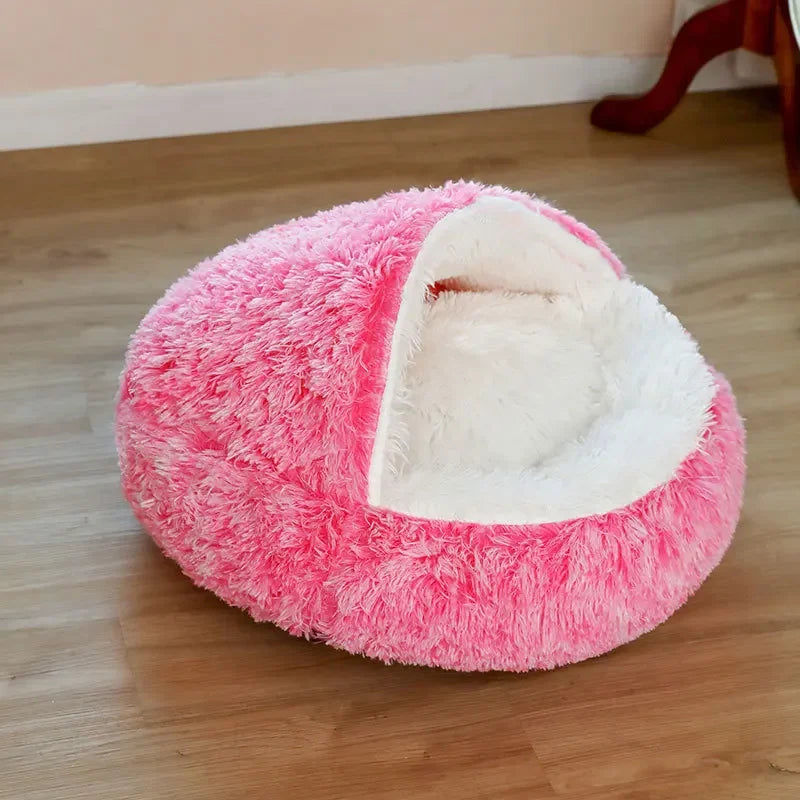 Snooze Cat Bed Round Plush Fluffy Hooded Cozy Cat Bed Cave for Indoor Donut Self Warming Small Dog Bed Anti-anxiety Puppy Kennel