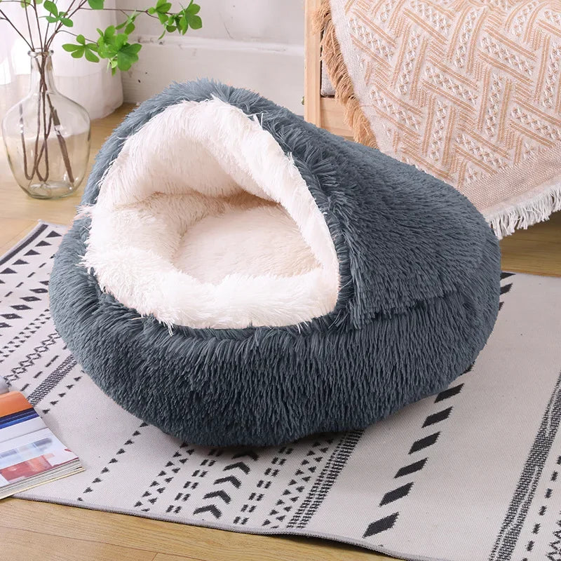 Snooze Cat Bed Round Plush Fluffy Hooded Cozy Cat Bed Cave for Indoor Donut Self Warming Small Dog Bed Anti-anxiety Puppy Kennel