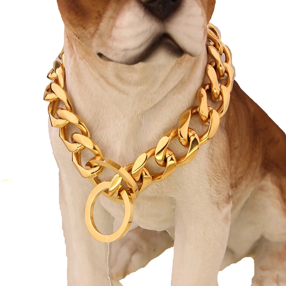 Metal Chain Dog Collar Gold Cuban Link Dog Chain 19MM Chain Collar Stainless Steel Heavy Duty Slip Collars for Large Medium Dogs