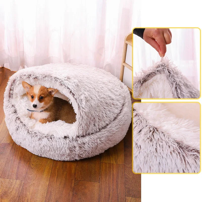 Snooze Cat Bed Round Plush Fluffy Hooded Cozy Cat Bed Cave for Indoor Donut Self Warming Small Dog Bed Anti-anxiety Puppy Kennel