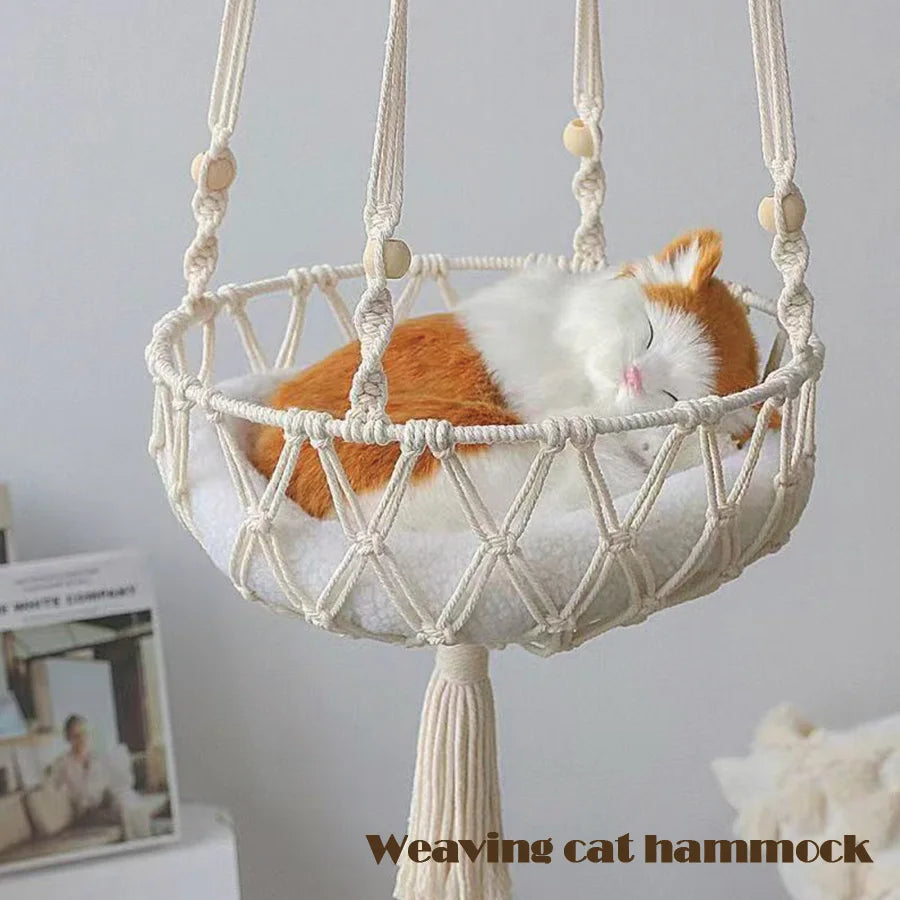 Cat Hammock Basket Hanging Cat Bed Hammock Handwoven Tassel Boho Cat Swing Cotton Rope Bed Kitten House