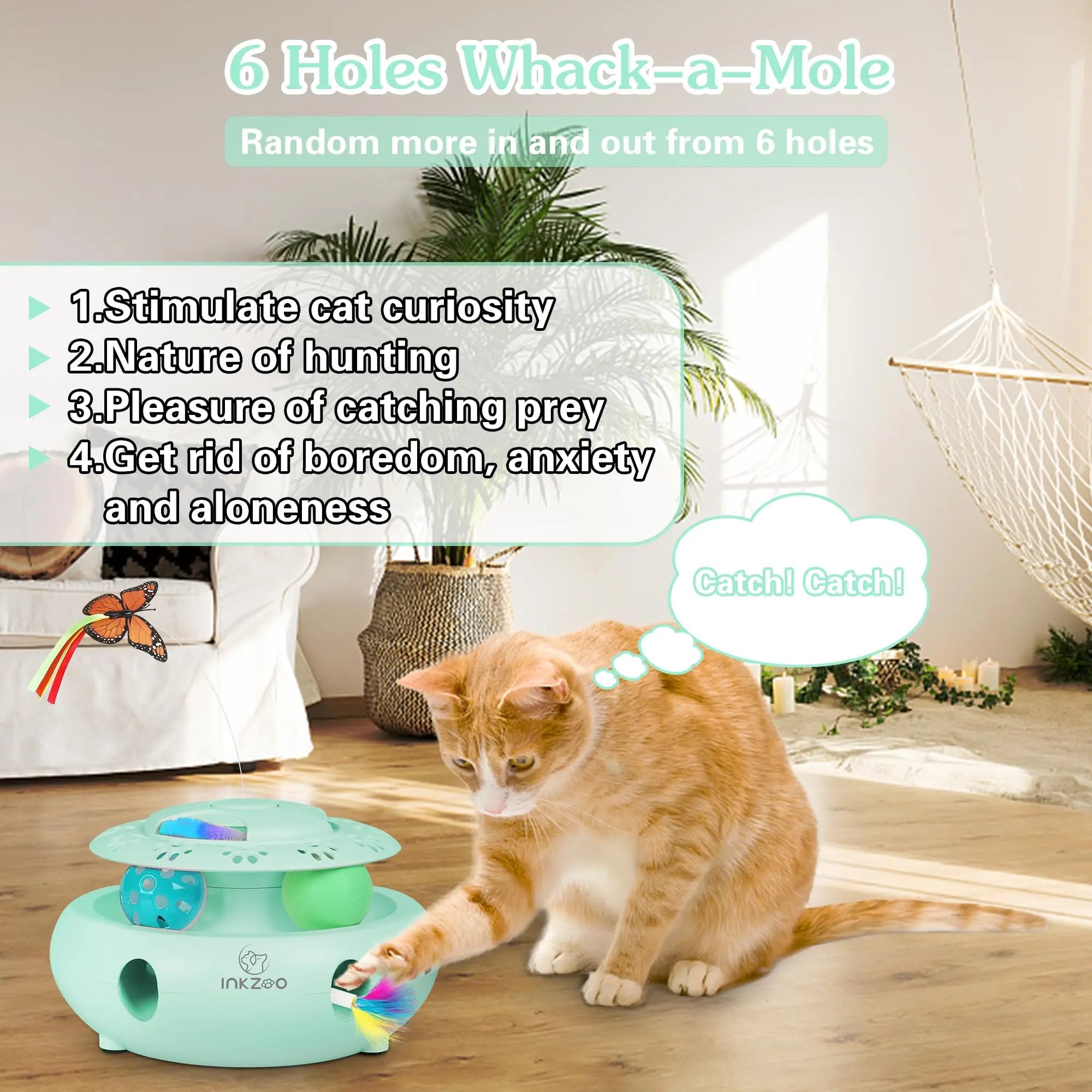 INKZOO 4-in-1 Interactive Cat Toys for Indoor Cats, Automatic 6 Holes Mice Whack-A-Mole, Fluttering Butterfly, Track Balls, USB