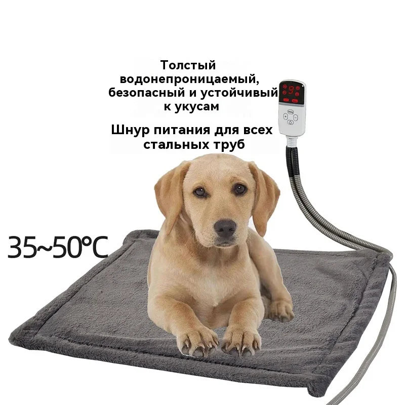 The electric heating blanket is waterproof and comes with an all-steel tube. A gray faux rabbit fur cover is given as a gift.