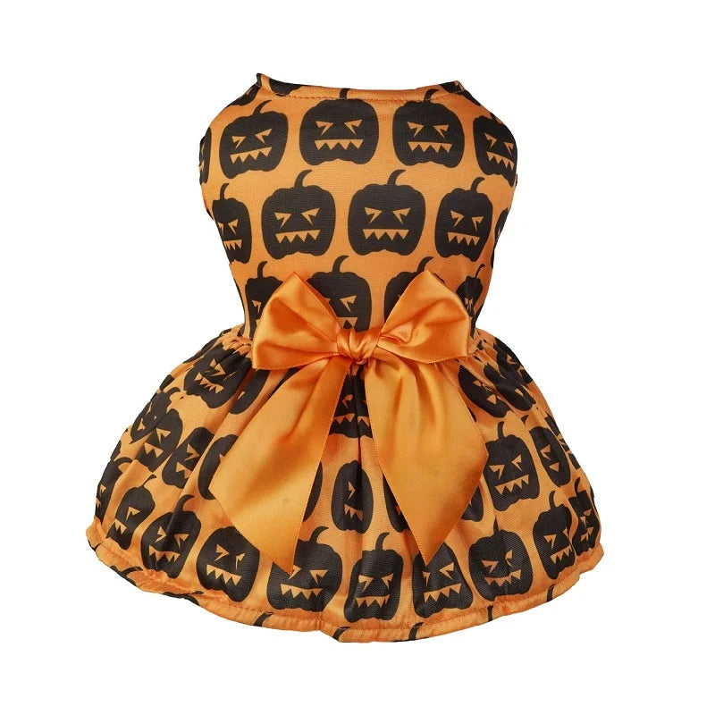 Halloween Dog Clothes with Pumpkin Print Funny Pet Dress Chihuahua Yorkie Clothing Bow Mesh Party Clothing Cat Costume Dog Dress