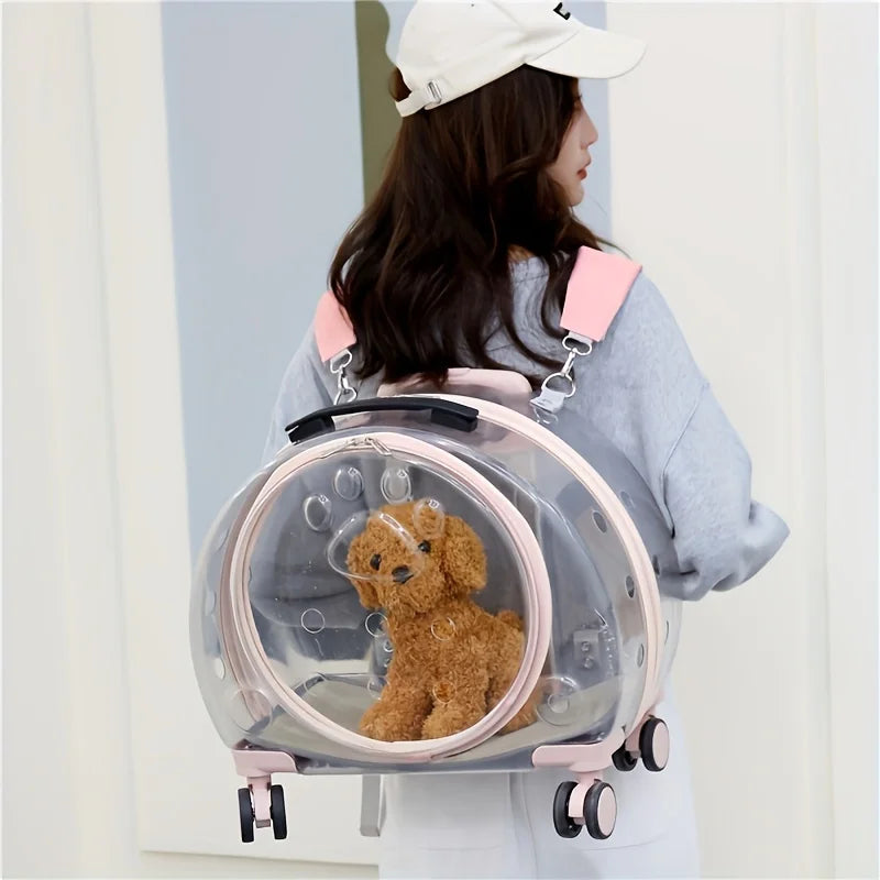 1 Transparent Pet Carrying with Wheels Large Capacity Spaceman Capsule Backpack Cats Portable Trolley Bag Durable Plast