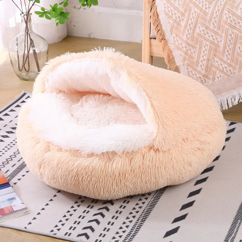 Snooze Cat Bed Round Plush Fluffy Hooded Cozy Cat Bed Cave for Indoor Donut Self Warming Small Dog Bed Anti-anxiety Puppy Kennel