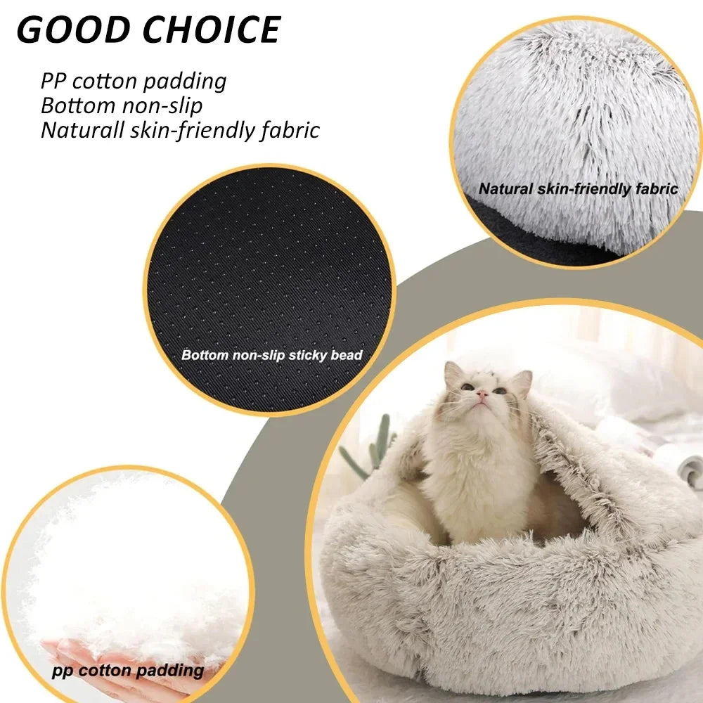 Snooze Cat Bed Round Plush Fluffy Hooded Cozy Cat Bed Cave for Indoor Donut Self Warming Small Dog Bed Anti-anxiety Puppy Kennel