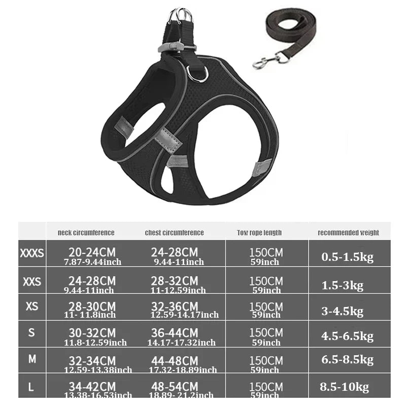 XXXS-L Reflective Pet Harness Dogs Strap with Leash Adjustable Harness Vest Breathable Collars for Chihuahua Small Large Dogs